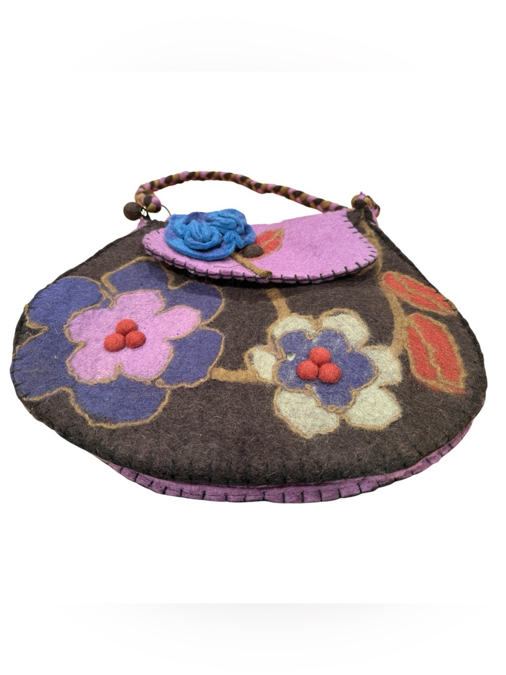 Rising Tide Purple Wool Felt Floral Shoulder Bag with Blue Accents
